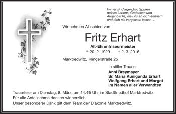 Traueranzeige von Fritz Erhart von Frankenpost
