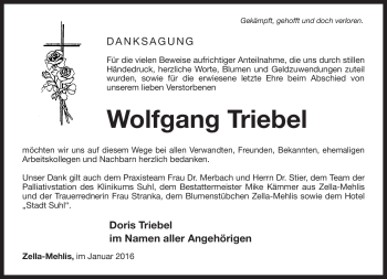 Traueranzeige von Wolfgang Triebel von Südthüringer Presse