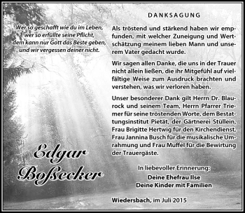 Traueranzeige von Edgar Boßecker von Südthüringer Presse
