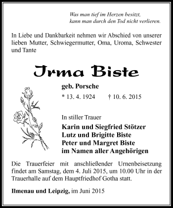 Traueranzeige von Irma Biste von Südthüringer Presse