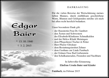 Traueranzeige von Edgar Baier von Südthüringer Presse
