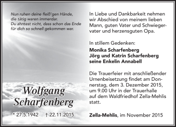 Traueranzeige von Wolfgang Scharfenberg von Südthüringer Presse