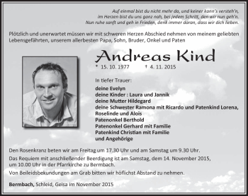 Traueranzeige von Andreas Kind von Südthüringer Presse