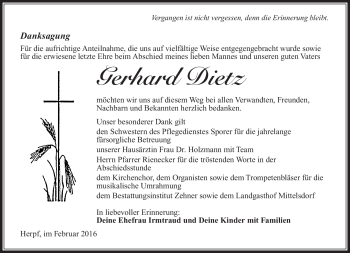 Traueranzeige von Gerhard Dietz von Südthüringer Presse