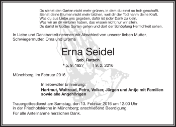 Traueranzeige von Erna Seidel von Frankenpost