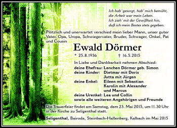 Traueranzeige von Ewald Dörmer von Südthüringer Presse