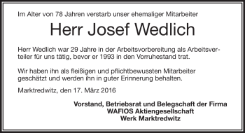Traueranzeige von Josef Wedlich von Frankenpost
