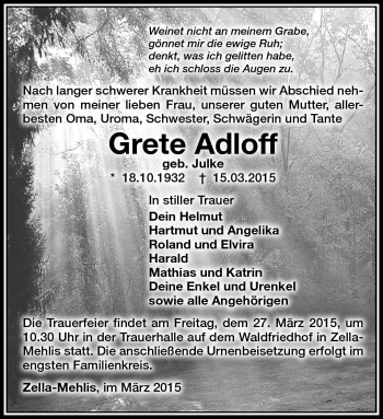 Traueranzeige von Grete Adloff von Südthüringer Presse