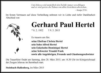 Traueranzeige von Gerhard Paul Hertel von Südthüringer Presse