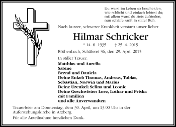 Traueranzeige von Hilmar Schricker von Frankenpost
