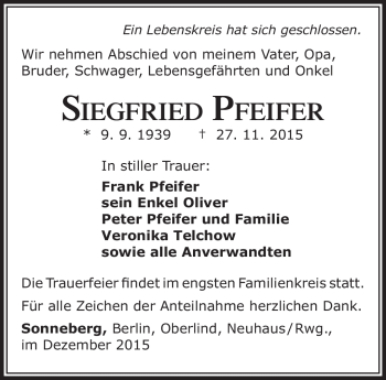 Traueranzeige von Siegfried Pfeifer von Südthüringer Presse
