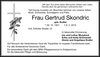 Traueranzeige von Gertrud Skondric von Frankenpost