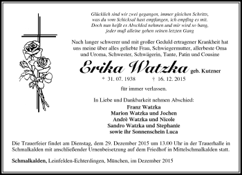 Traueranzeige von Erika Watzka von Südthüringer Presse