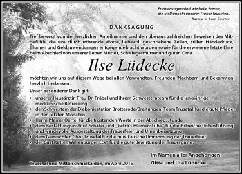 Traueranzeige von Ilse Lüdecke von Südthüringer Presse