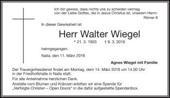 Traueranzeige von Walther Wiegel von Frankenpost