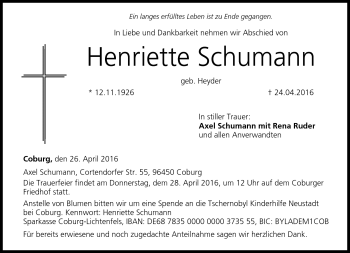 Traueranzeige von Henriette Schumann von Neue Presse Coburg