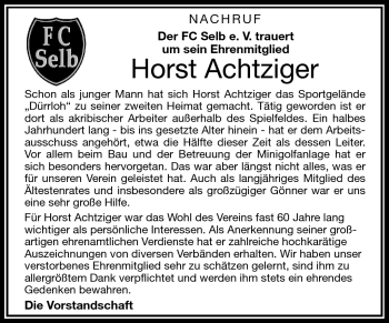 Traueranzeige von Horst Achtziger von Frankenpost
