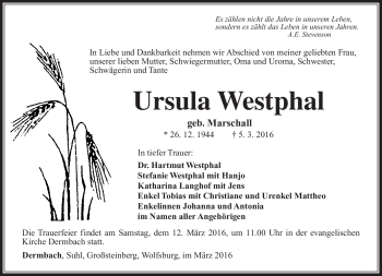 Traueranzeige von Ursula Westphal von Südthüringer Presse