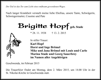 Traueranzeige von Brigitte Hopf von Südthüringer Presse