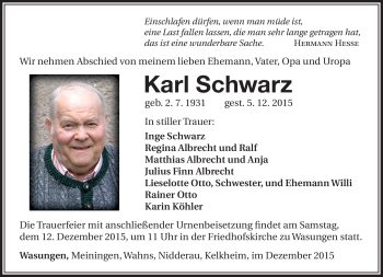 Traueranzeige von Karl Schwarz von Südthüringer Presse
