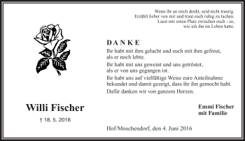 Traueranzeige von Willi Fischer von Frankenpost