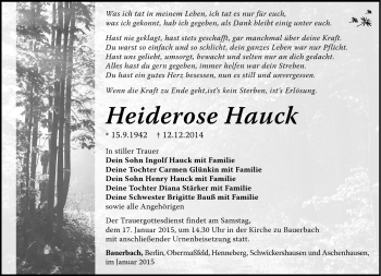 Traueranzeige von Heiderose Hauck von Südthüringer Presse