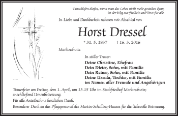 Traueranzeige von Horst Dressel von Frankenpost
