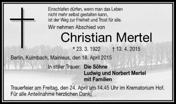 Traueranzeige von Christian Mertel von Frankenpost