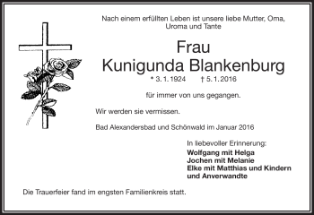 Traueranzeige von Kunigunda Blankenburg von Frankenpost