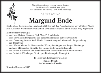 Traueranzeige von Margund Ende von Südthüringer Presse
