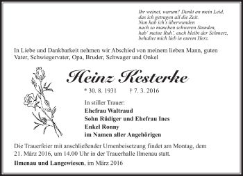 Traueranzeige von Heinz Kesterke von Südthüringer Presse