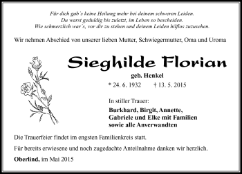 Traueranzeige von Sieghilde Florian von Südthüringer Presse