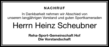Traueranzeige von Heinz Scheubner von Frankenpost