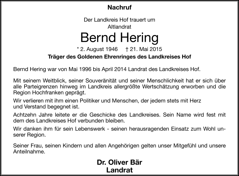  Traueranzeige für Bernd Hering vom 23.05.2015 aus Frankenpost