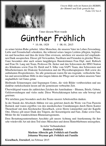 Traueranzeige von Günther Fröhlich von Südthüringer Presse