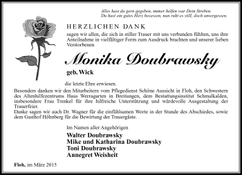 Traueranzeige von Monika Doubrawsky von Südthüringer Presse