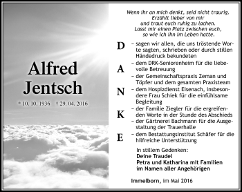 Traueranzeige von Alfred Jentsch von Südthüringer Presse