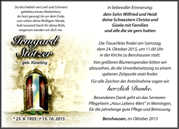 Traueranzeige von Imrgard Stötzer von Südthüringer Presse