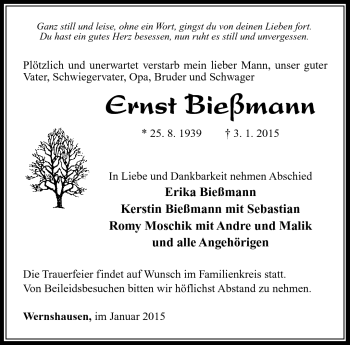 Traueranzeige von Ernst Bießmann von Südthüringer Presse