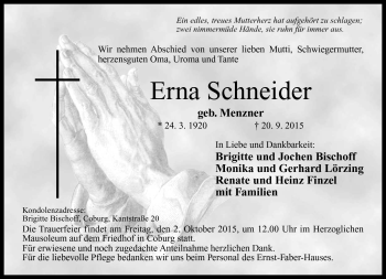 Traueranzeige von Erna Schneider von Neue Presse Coburg