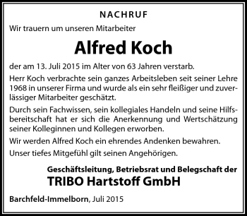 Traueranzeige von Alfred Koch von Südthüringer Presse