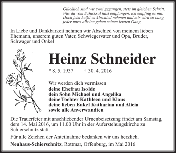Traueranzeige von Heinz Schneider von Südthüringer Presse