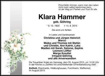 Traueranzeige von Klara Hammer von Südthüringer Presse