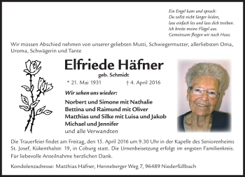 Traueranzeige von Elfriede Häfner von Neue Presse Coburg