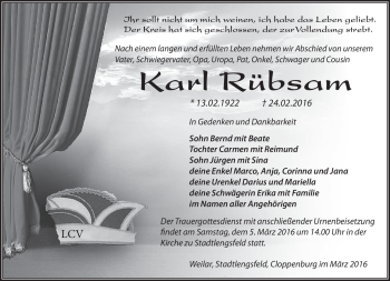 Traueranzeige von Karl Rübsam von Südthüringer Presse