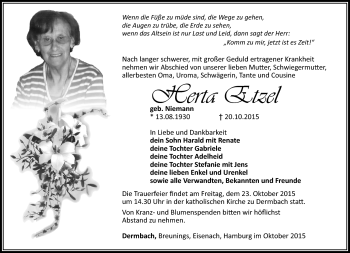 Traueranzeige von herta Etzel von Südthüringer Presse