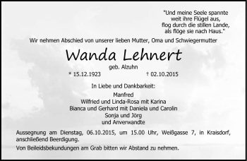 Traueranzeige von Wanda Lehnert von Neue Presse Coburg