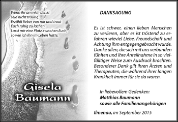 Traueranzeige von Gisela Baumann von Südthüringer Presse
