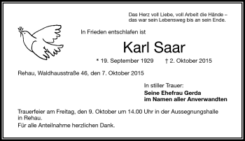 Traueranzeige von Karl Saar von Frankenpost