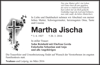 Traueranzeige von Martha Jischa von Südthüringer Presse